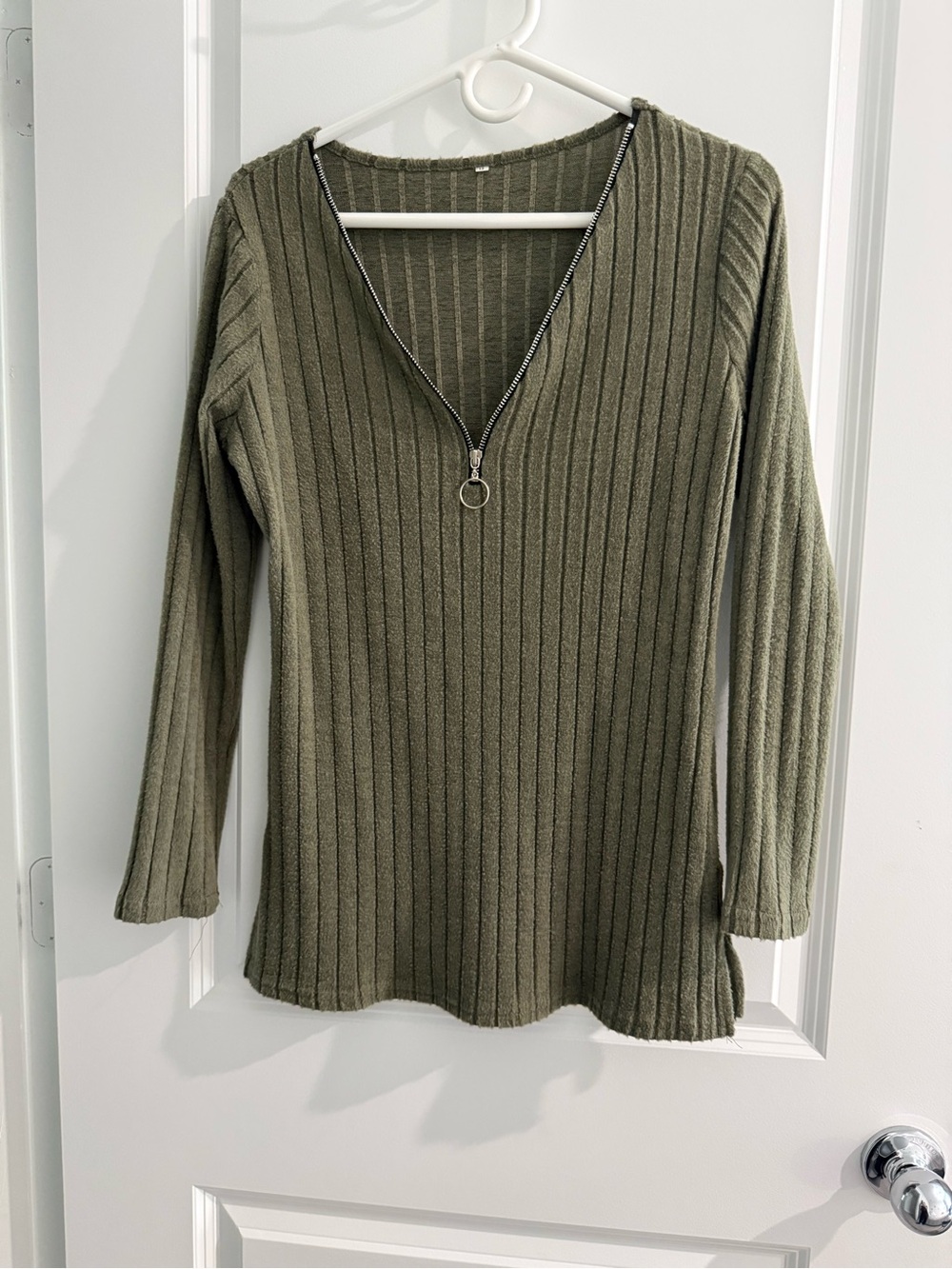 Olive Green Ribbed Knit Top with Zip V-Neck - Size M